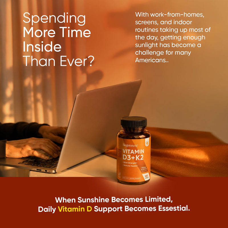 WeightWorld Vitamin D3 K2 5000IU Capsules for Bone Strength, Teeth, Immune Health & Maximum Calcium Absorption - 120 Ct - K2 D3 Vitamin Supplements - Vegan D3 and K2 Supplements, Non-GMO, Gluten-Free Vitamin D3K2 5000IU capsules