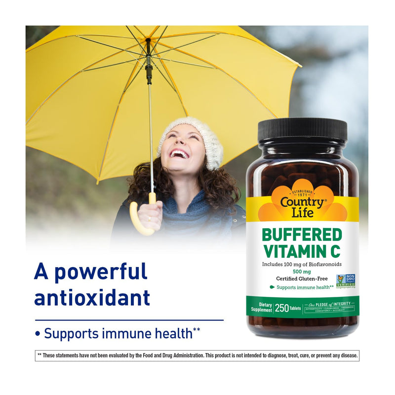 Country Life Vitamin C Buffered with Bioflavonoids, 500mg, 250 Tablets, Certified Gluten Free, Certified Vegan