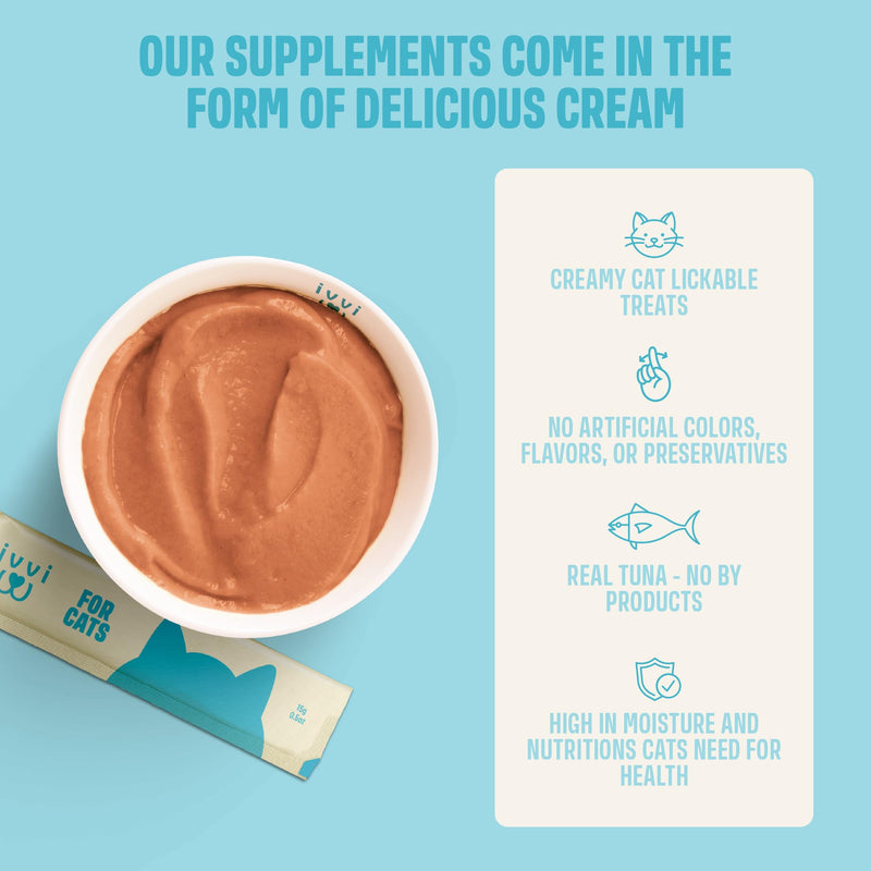 ivvi Multivitamin for Cats - Creamy Lickable Cat Supplement with Tuna, Vitamins, L-Lysine, Taurine & Salmon Oil - Daily Cat Wellness Support - 30 Pouches x 15 g