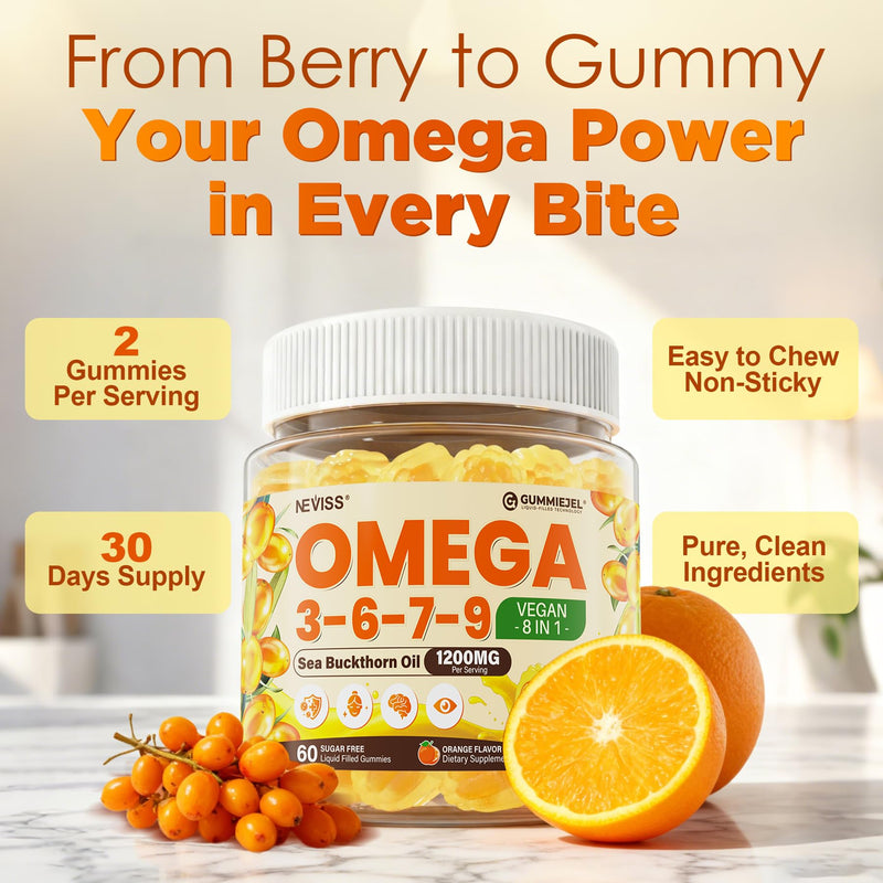 Omega 3-6-7-9 Gummies, Sea Buckthorn Oil 1200MG & Flaxseed Oil 500MG, 60 Ct | Organic Omega 7 Supplement w/Vitamin A, C, E, Fatty Acids, No Fish Taste, Supports Skin, Eye, Immune, Brain Health, Vegan 60 Count (Pack of 1)