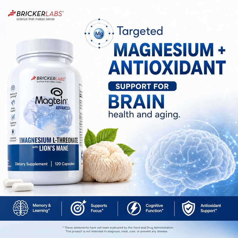 Bricker Labs Magtein & Lion's Mane Magnesium L-Threonate Supplement | Brain Health, Memory & Focus, Cognitive Support, 120 Capsules, Advanced Formula Magtein with Lion's Mane