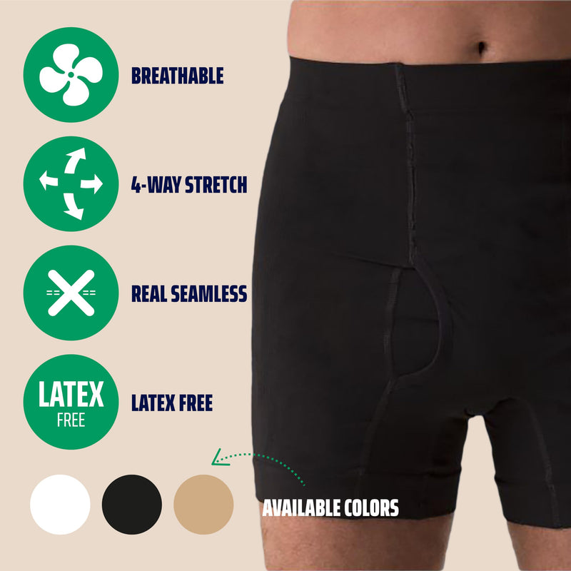 Regular Male Boxer Low for Medium Ostomy and Hernia Support (Black, XL) | Seamless Ostomy & Hernia Briefs for Men | Comfortable Ostomy & Hernia Support Underwear | Colostomy Support Garment