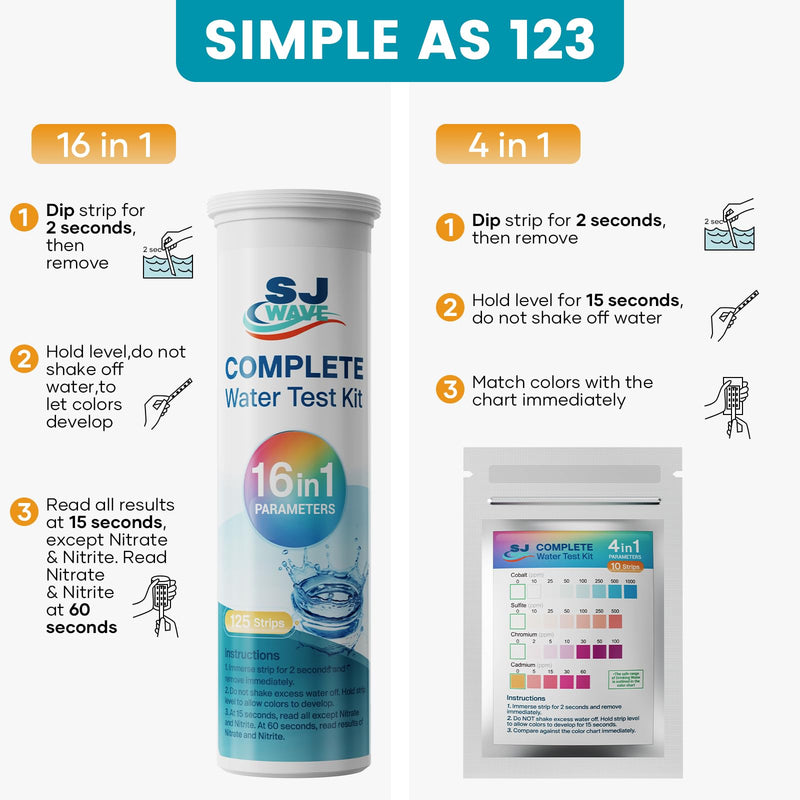 SJ WAVE 22 in 1 Water Test Kits - 125 Strips Drinking Water Test Kit, Home Tap and Well Water Tester for Bacteria pH Hardness Lead Iron Copper Chlorine Cyanuric Acid