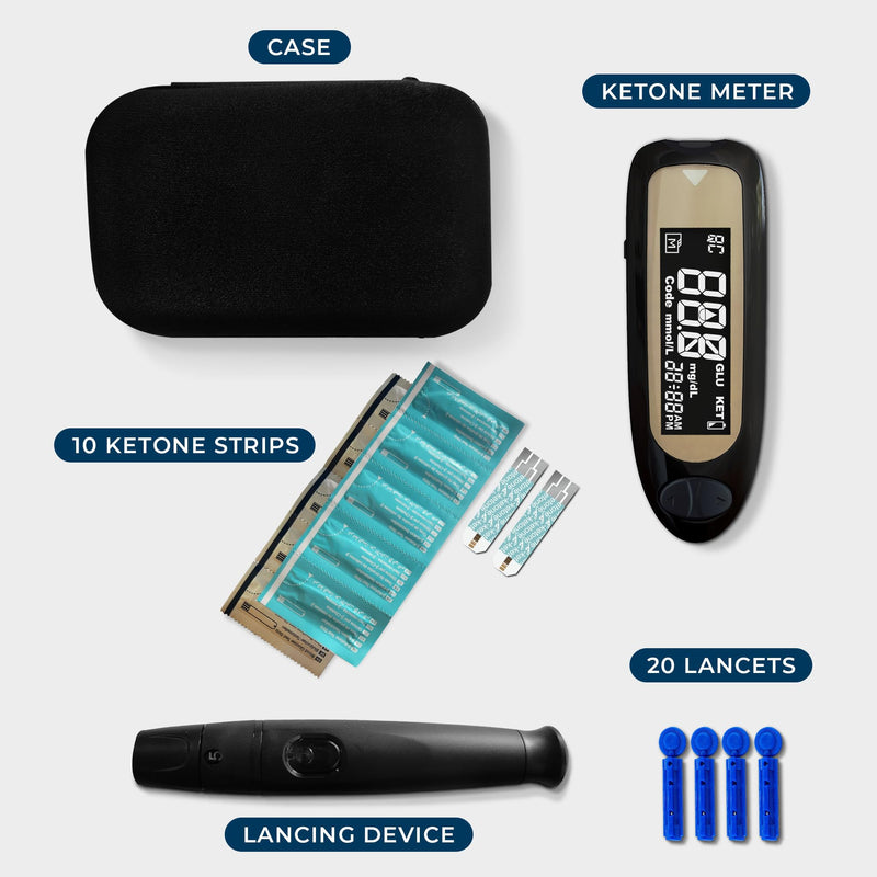 Advanced ß-Ketone Testing Kit, Slim, Auto-Coding, Ketosis Monitoring and Management, Ketone Meter, 10 Keto Test Strips, 20 Lancets, Lancing Device Black