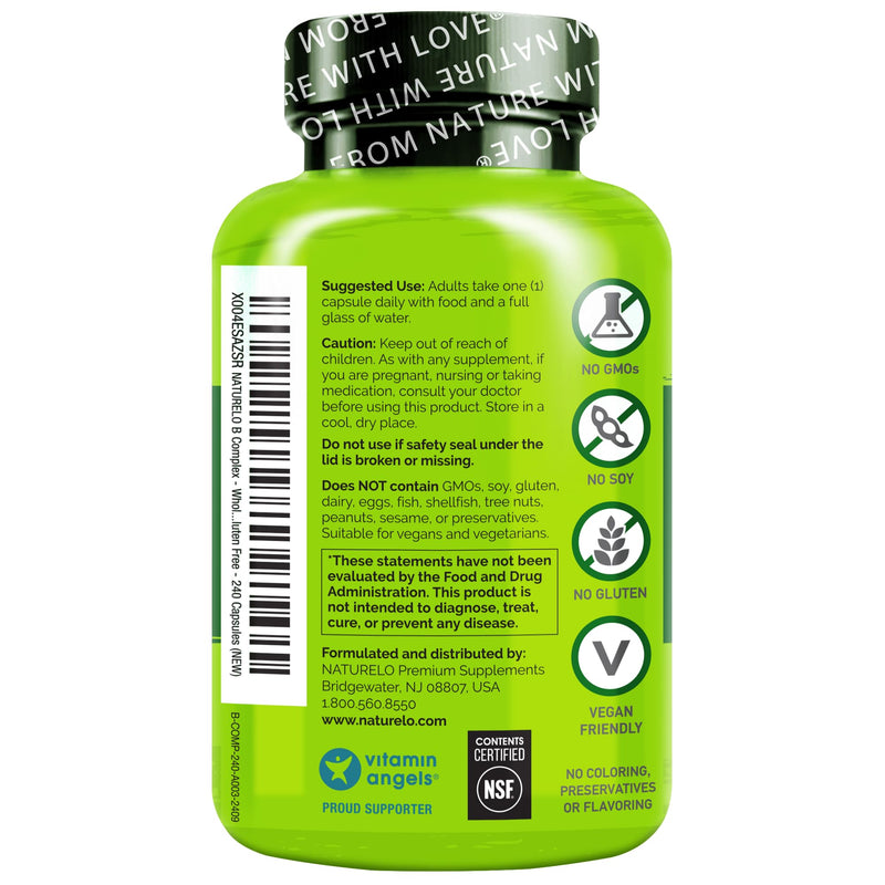 NATURELO Vitamin B Complex, 240 Capsules, Vegan, CoQ10, Methyl Folate | Biotin, Fruit & Vegetable Blend, Supports Energy And Healthy Stress Response, Super B Complex Vitamins for Women and Men 240 Count (Pack of 1)
