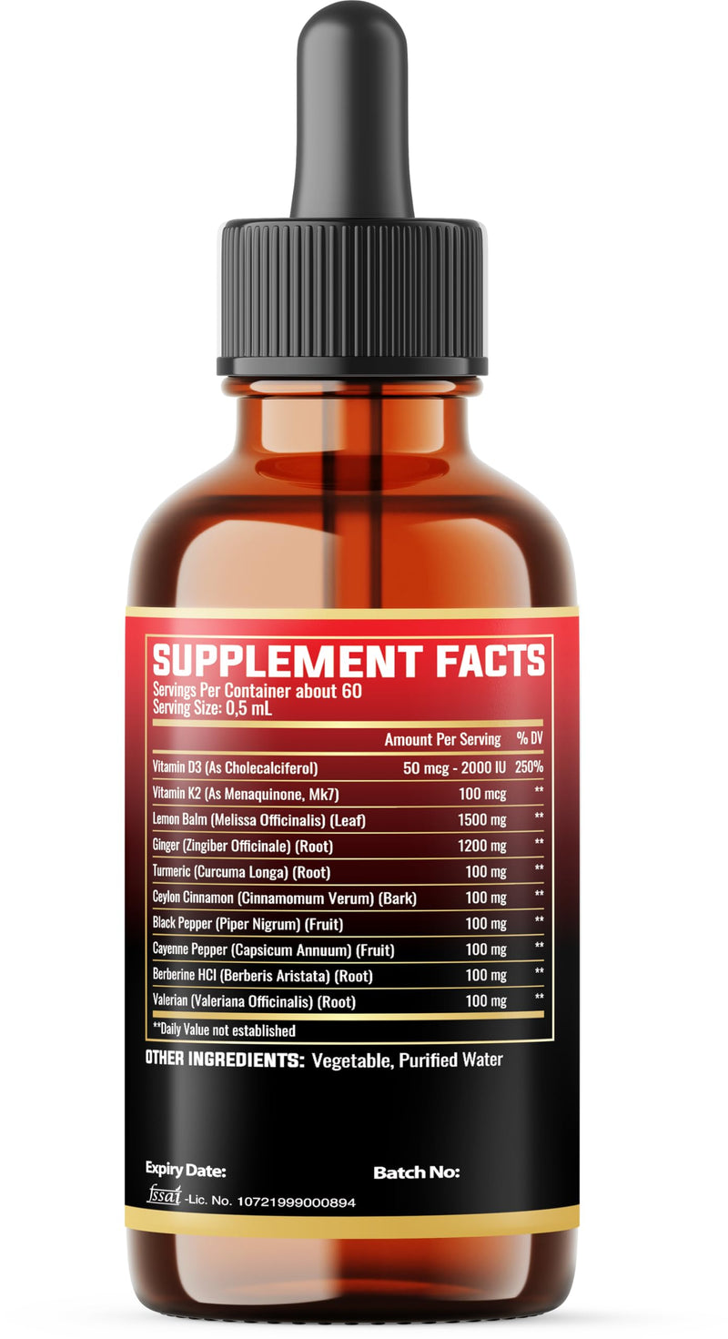 10in1 Lemon Balm Tincture - 3300mg Lemon Balm Leaf Extract Liquid Drops with Ginger Root, Turmeric Liquid, Ceylon Cinnamon, Vitamin D3, K2-1Fl Oz - 60 Servings