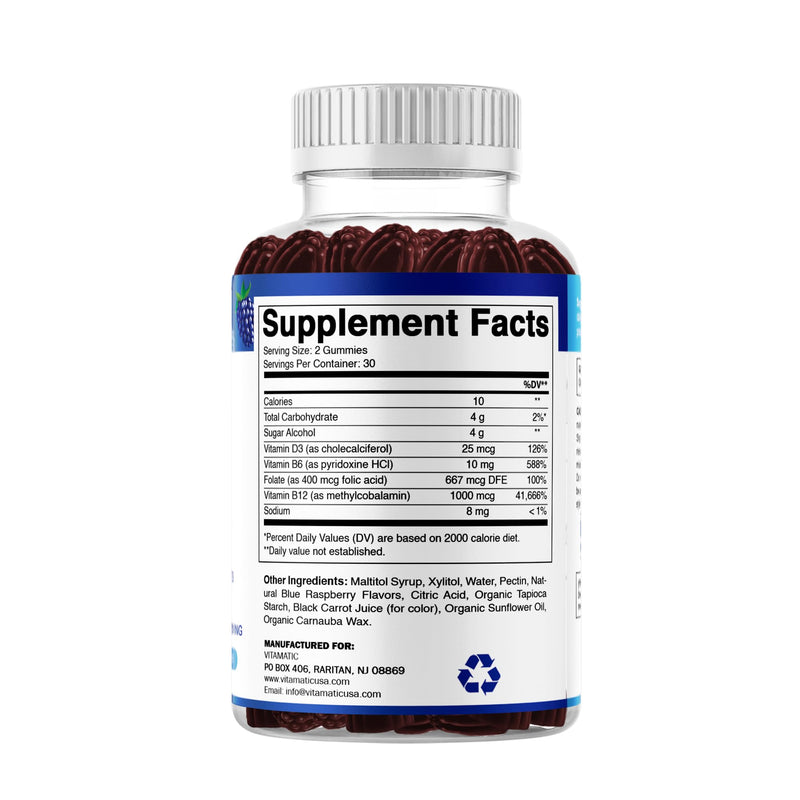 Vitamatic Vitamin D3 + B12 Gummies Made with Folate & Vitamin B6 - Natural Blue Raspberry Flavor – 60 Gummies – Made in the USA
