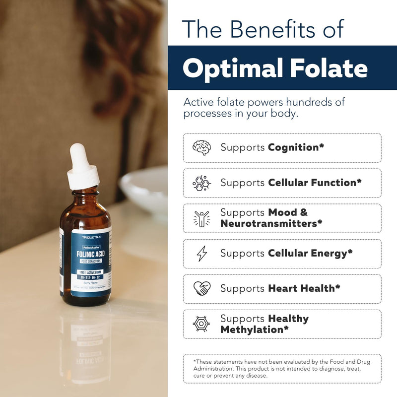 FolinicActive™ Organic Folinic Acid Liquid Drops for Brain, Heart, Nerve & Mood Support - 1700 mcg with B12, B6 & Riboflavin B2 - Tri-Cofactor Absorption System -Berry Flavor Drops, 1fl oz-60 Servings 1 Fl Oz (Pack of 1)