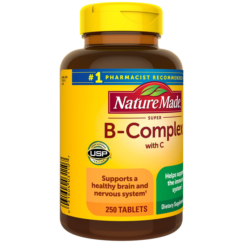Nature Made Super B Complex with Vitamin C and Folic Acid, Dietary Supplement for Immune Support, 250 Tablets, 250 Day Supply 250 Count (Pack of 1)