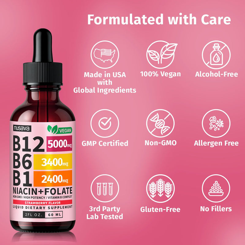 NUSAVA (4 Pack) Vitamin B12 Liquid Drops 5000mcg - B12 Sublingual with B6 & Vitamin B Complex - Methylcobalamin B12 Drops for Women & Men -Vegan Supplement, Non-GMO, Strawberry (2 Fl Oz, 160 Servings) 2 Fl Oz (Pack of 4)