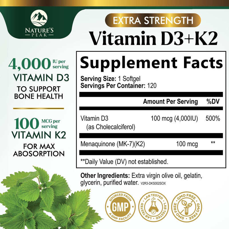 Vitamin D3 K2 - High Potency Vitamin D3 + K2 - 2-in-1 Complex Vitamin D & K2 (MK7) Supplement - Gluten Free - Bone & Immune Support - Vitamin D3 4000 IU Per Softgel - Bottled in the USA - 120 Softgels 120 Count (Pack of 1)