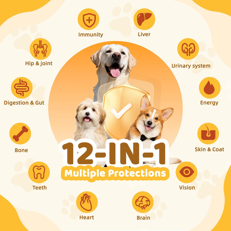 Dog Multivitamin Chewable: 12-in-1 Dog Vitamins & Supplements with Glucosmine Chondroitin Probiotics Omega 3 Cod Liver Oil CoQ10 Astaxanthin for Joint Gut Heart Eye Brain Immune Support Orange
