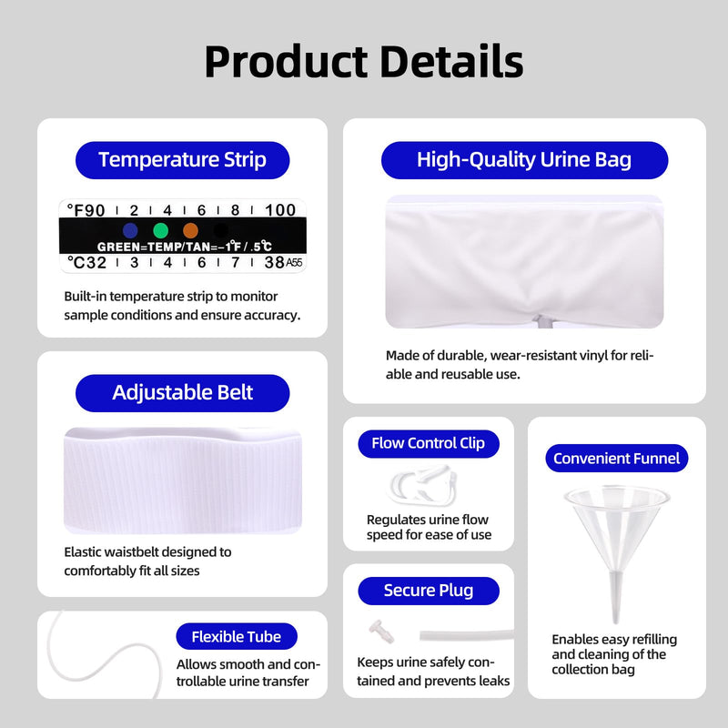 Urine Test Complete Kit with 2 to 4 oz Flexible Pouch, 43.3 Inch Concealed Stretch Belt with 5 Release Outlets, Temperature Strips, Silicone Funnel, Clamps and Plug, Reusable Storage System White Kit-1 - BeesActive Australia
