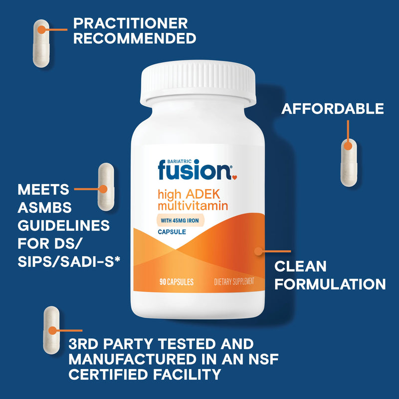 Bariatric Fusion High ADEK Multivitamin with Iron | Bariatric Multivitamin for Duodenal Switch | Easy to Swallow ADEK Vitamins Bariatric | 90 Capsules | One Month Supply