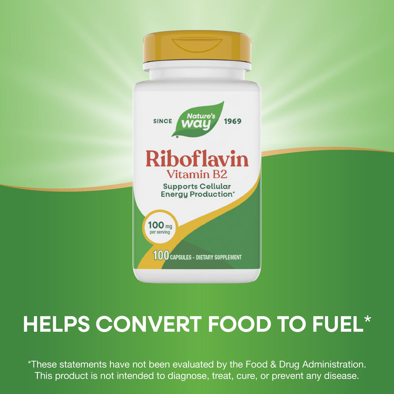 Nature's Way Riboflavin Vitamin B2, Cellular Energy Support*, 100 ct | 100 mg Riboflavin Per 1-Capsule Serving; Supports Cellular Energy Metabolism*; Made Without Gluten, Dairy, or Soy 100 Count (Pack of 1)