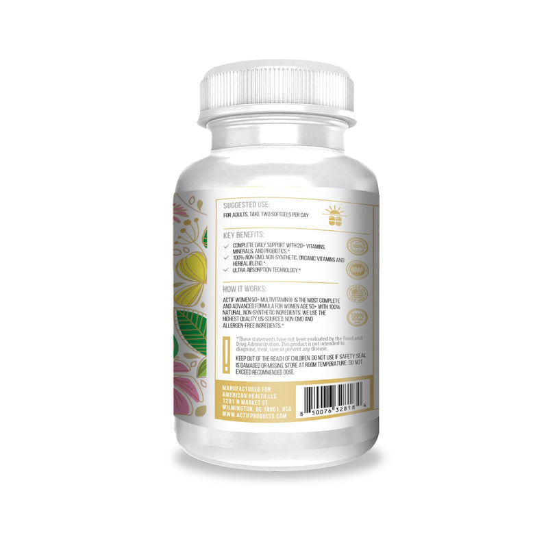 ACTIF Organic Multivitamin for Women Age 50+ with 20+ Advanced Factors and Omega-3, Non-GMO, Made in USA, 90 Count