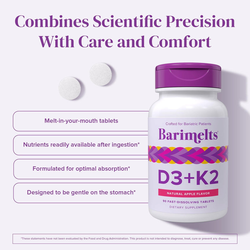 BariMelts Vitamin D3 K2-90 Fast-Dissolving Tablets (3-Month Supply) - Bariatric Vitamins for Women with Vitamin D3 5000 IU and K2 as MK-7, Natural Apple Flavor 90 Count (Pack of 1)
