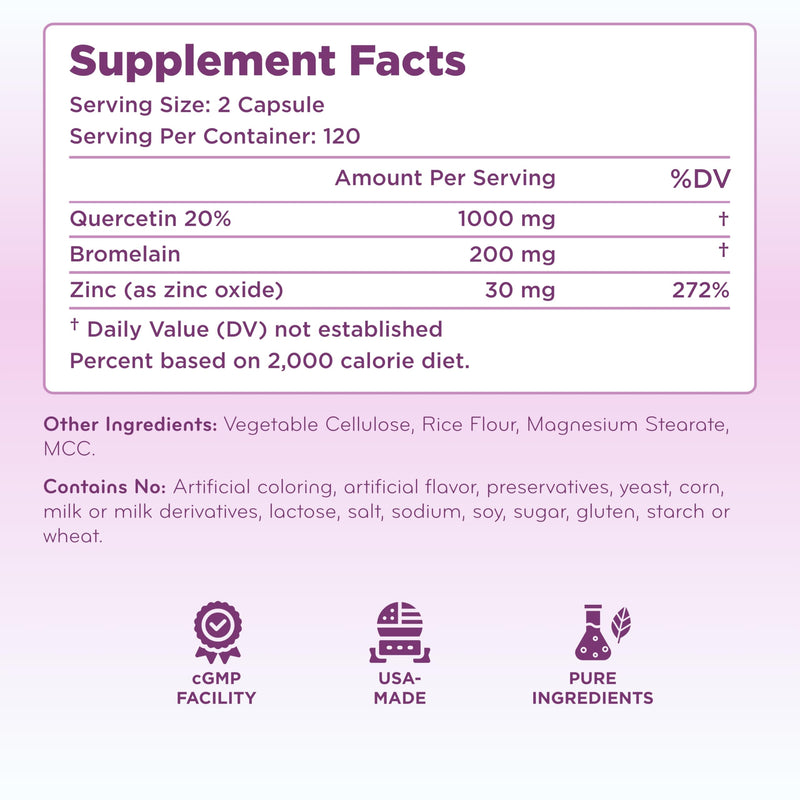Advanced Zinc Quercetin with Bromelain Formula - Triple Immune Support Quercetin Complex for Daily and Seasonal Immune System Wellness Support - Made in a cGMP American Facility (120 Servings) 240 Count (Pack of 1)