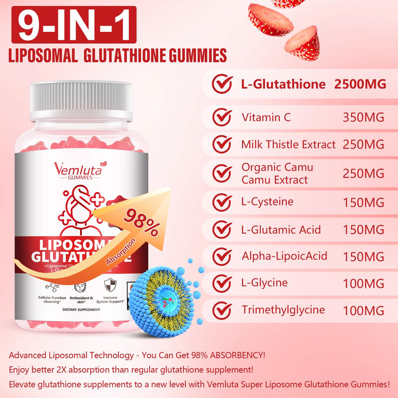 2 Packs 2500MG Liposomal Glutathione Gummies, 2X Absorption Liposomal Glutathione for Women-Complex L-Cysteine, Antioxidant, Skin & Liver Support, Strawberry Flavor, 120 Count 60 Count (Pack of 2)