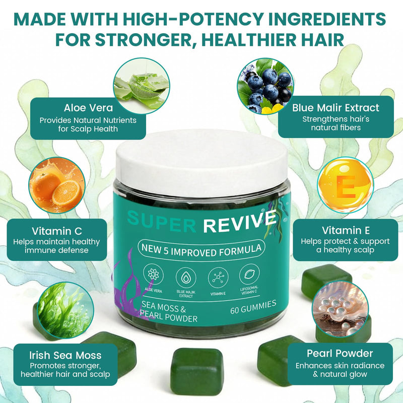 Super Revive Gummies for Hair Loss - Sea Moss Gummies with Vitamin C, E, Aloe Vera & Pearl Powder Glow, Promotes Thicker, Fuller & Stronger Hair - 60 Count