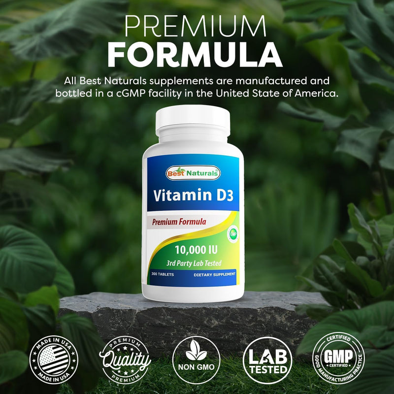 Best Naturals Vitamin D3 10000 IU – 300 Tablets – Made in USA, Non-GMO, Gluten Free, No Artificial Color, Flavor or Preservatives – Dietary Supplement