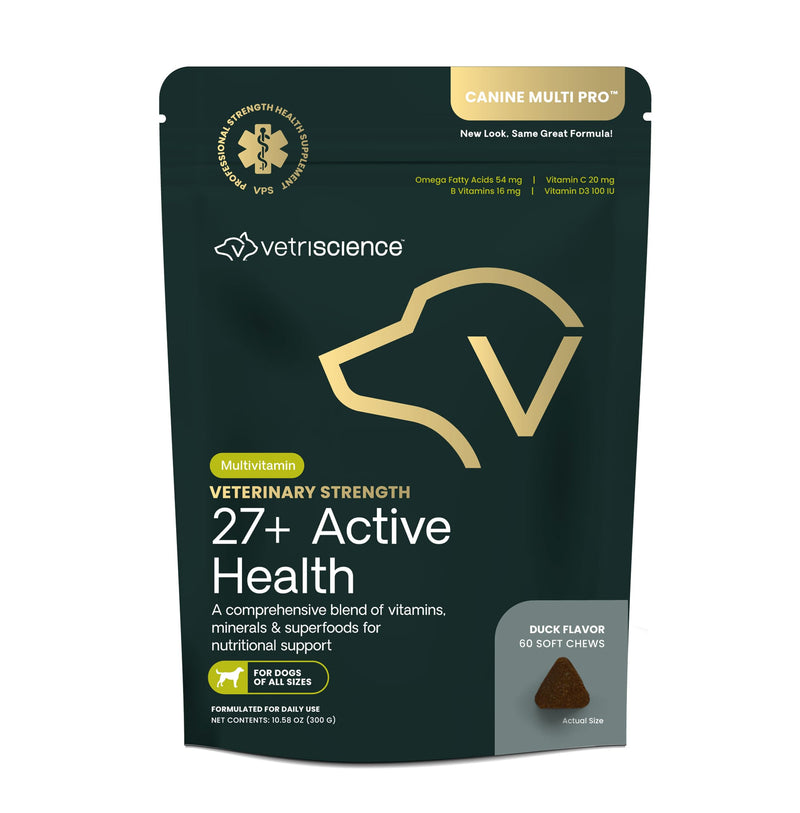 VetriScience Veterinary Strength 27+ Active Health Chews - Comprehensive Dog Multivitamin for Dog Health & Wellness - Digestive Support - Duck Flavor - 60 Count 60 Chews