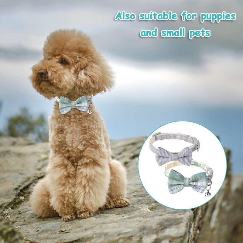 2PCS Cat Bow Tie Collar with Bell, Cat Collar Breakaway Washable Cute Elegant Plaid Pet Bow Tie for Cat Dog, Adjustable from 9-11.8 Inch(Gray, Light Green) - BeesActive Australia