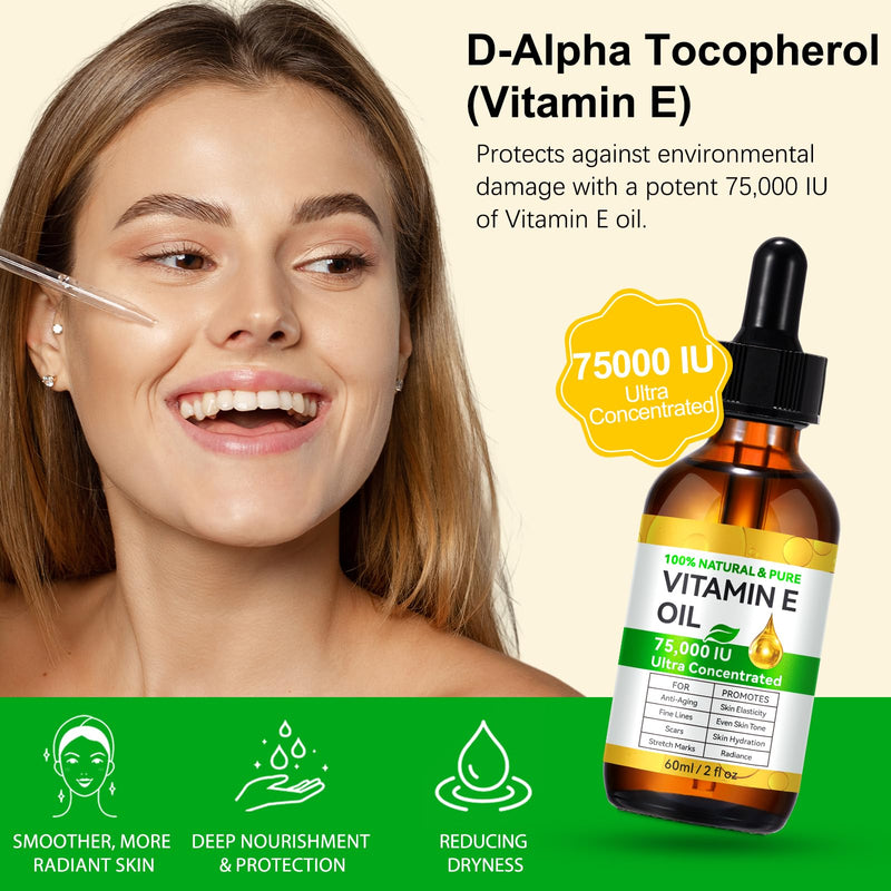 Vitamin E Oil for Skin - 75,000 IU | Vitamin E Oil for Scars, Stretch Marks, Wrinkles, 100% Natural d-Alpha Tocopherol for Face & Hair, Moisturizing Anti-Aging (120 ML) 2 Fl Oz (Pack of 2)