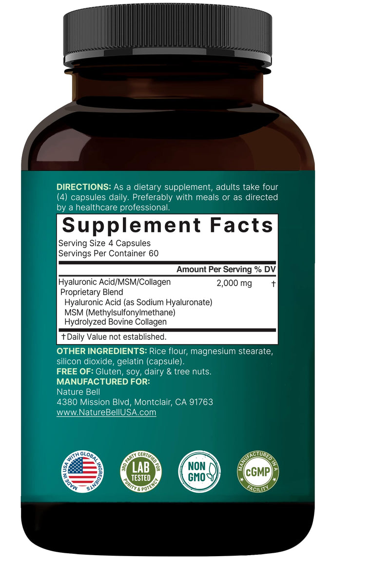 NatureBell 2 Pack Hyaluronic Acid Supplements 2,000 mg | 480 Total Capsules, with MSM & Hydrolyzed Bovine Collagen – 3 in 1 Support for Skin Hydration, Joint Lubrication, Hair, and Eye Health 240 Count (Pack of 2)
