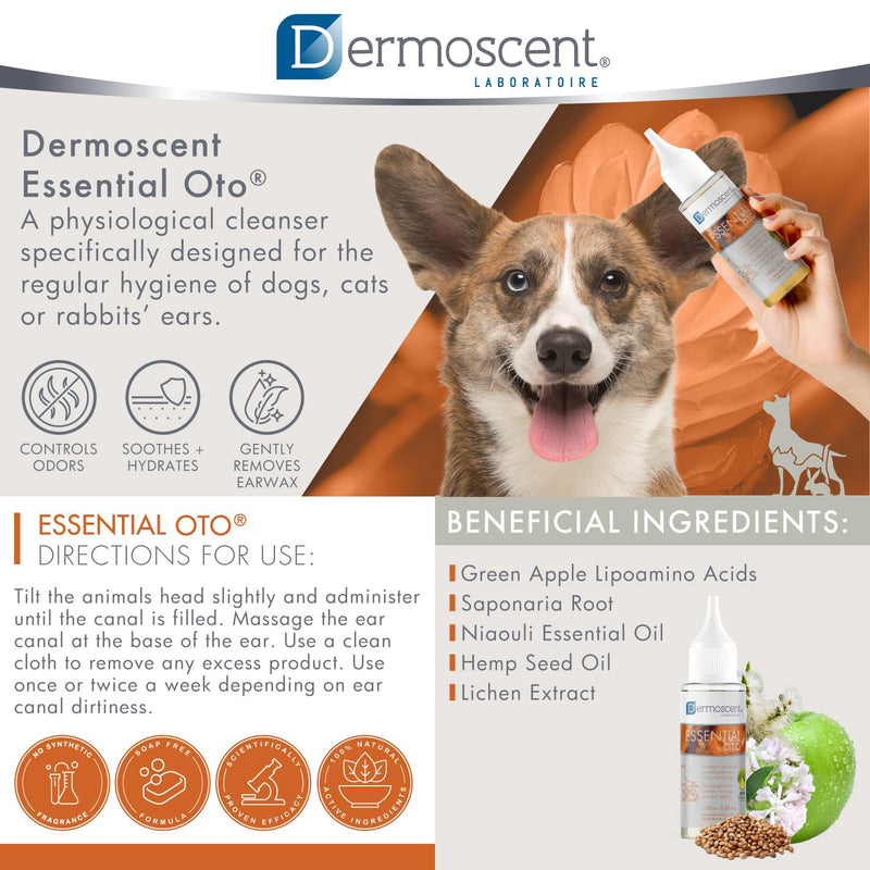 Dermoscent Essential OTO Ear Cleaner for Dogs, Cats, and Rabbits | 100% Natural Formula with Hemp Seed Oil, Gentle Earwax Removal, Odour Control, Ideal for Sensitive Ears