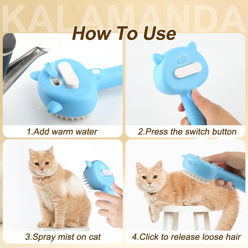 Cat Steam Brush, 4 in 1 Steamy Cat Brush with Handle, Rubber Pet Misting Brush with Release Button, Spary Dog Comb with Cleanser for Indoor Kittens Small Animals(Blue) Blue - BeesActive Australia