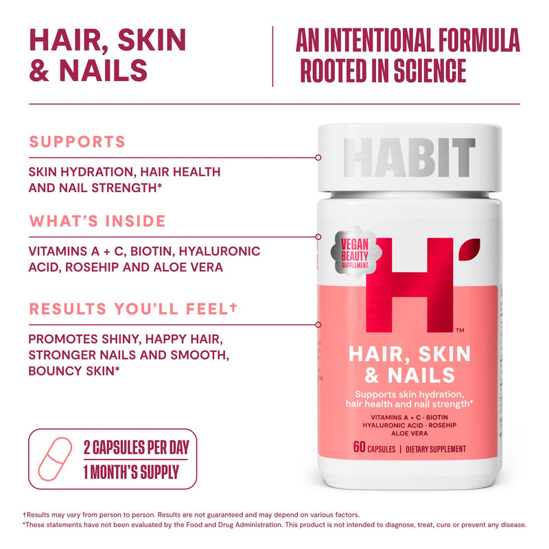 Habit Hair, Skin & Nails Supplement 2 Pack (120 Capsules) - New Look, Supports Skin Hydration, Hair & Nail Strength, Biotin 2000mcg, Vitamin A & C, Hyaluronic Acid, Rosehip, Vegan, Non-GMO Dual Pack