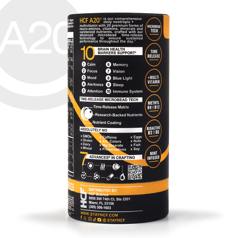 HCF A20 Microbead Brain Health Supplements for Adults for Memory, Focus, Calm, Mood, Alertness, Attention, Vision, Sleep, Immune System, 20 Premium Nootropic Nutrients Multivitamin & 7 Advances® Tech 90 Count (Pack of 1)