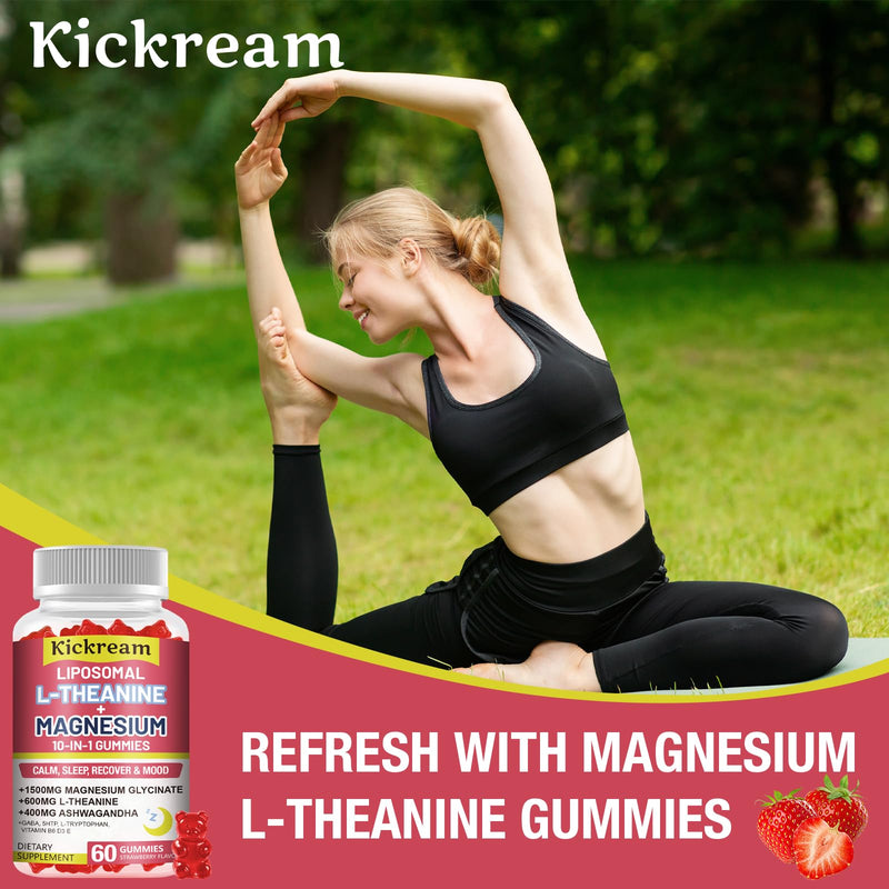 Liposomal Magnesium Glycinate 1500mg L-Theanine 600mg Gummies with Ashwagandha, GABA, 5HTP, Vitamin B6 & D3, Lemon Balm Leaf, L theanine Supplement Magnesium Gummies for Relax Mood & Muscle, 1 Pack 60 Count (Pack of 1)