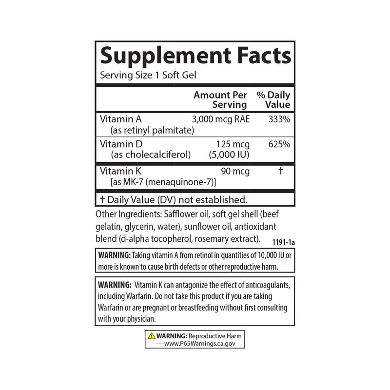 Carlson Vitamins A, D3, K2, 120 Soft Gels | 3000 mcg RAE Vitamin A; 125 mcg Vitamin D3; 90 mcg Vitamin K2 as MK-7; Bone Building; Calcium Utilization 120 Count (Pack of 1)