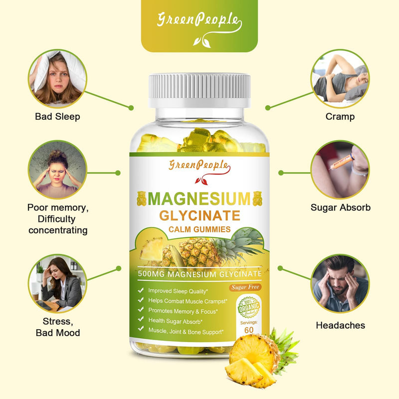 GREENPEOPLE Magnesium Glycinate Gummies with Citrate 1000mg, Taurate & Matale - Sugar Free - Magnesium Potassium Supplement with Vitamin D, K2 for Calm Mood & Zzz Support - 60 Pineapple Gummies-2 Pack