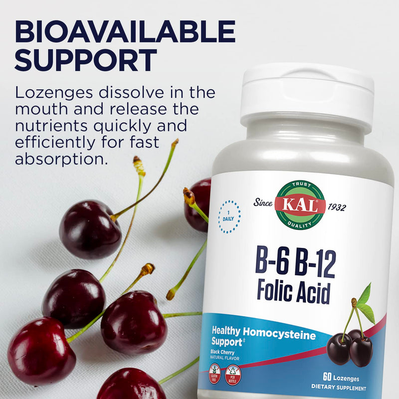 KAL Vitamin B-6 B-12 Folic Acid Supplement, B Vitamins for Healthy Energy, Heart & Red Blood Cell Support, w/Vitamin B12 Methylcobalamin and Folate, Natural Cherry, Gluten Free, 60 Serv, 60 Lozenges