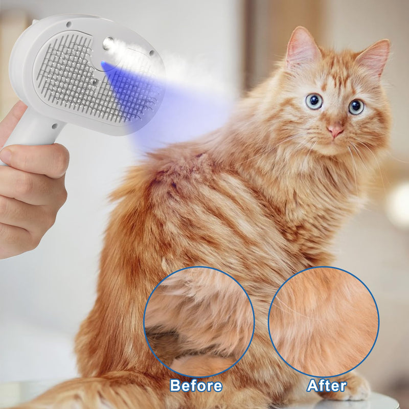 Pet Steam Hair Comb Brush for Shedding, 4 In 1 Spray Brush for Long & Short Haired Cat&Dog, Self-Cleaning Hair Remover with Water Tank And LED Blue Light, Release Button (White) White - BeesActive Australia