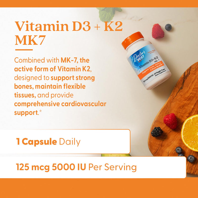 Doctor's Best Vitamin D3 and K2 Supplement for Men & Women - Vitamin D3 5000 IU + K2 as MK-7, Bone Health Support, Gluten Free, Non GMO, Vegetarian Capsules - 60 Veg Caps 60 Count (Pack of 1)