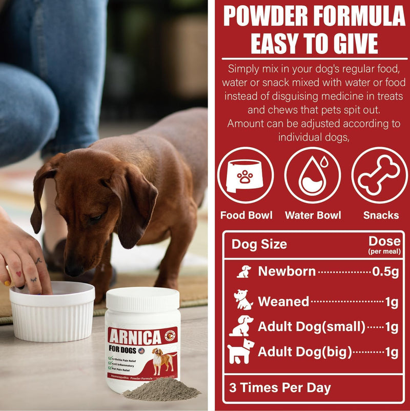Arnica for Dogs, Pain Relief Medicine for Hip & Joint Pain, Arthritis Pain Relief Killer for Dog Cat, Anti Inflammatory, Help Reduce Muscle Joint & Hip Soreness Stiffness, Natural Powder Formula, 100g