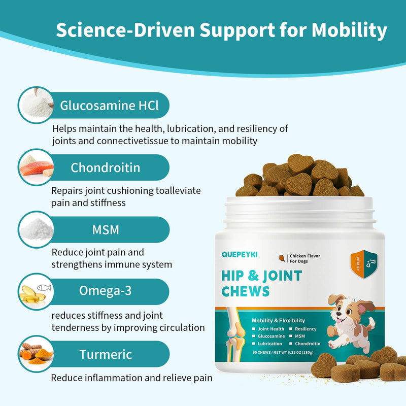 8-in-1 Dog Hip and Joint Supplement - Glucosamine Chondroitin MSM for Dogs with Green Lipped Mussel & Eggshell Membrane - Advanced Mobility Soft Chews for Active & Senior Dogs - 90 Count