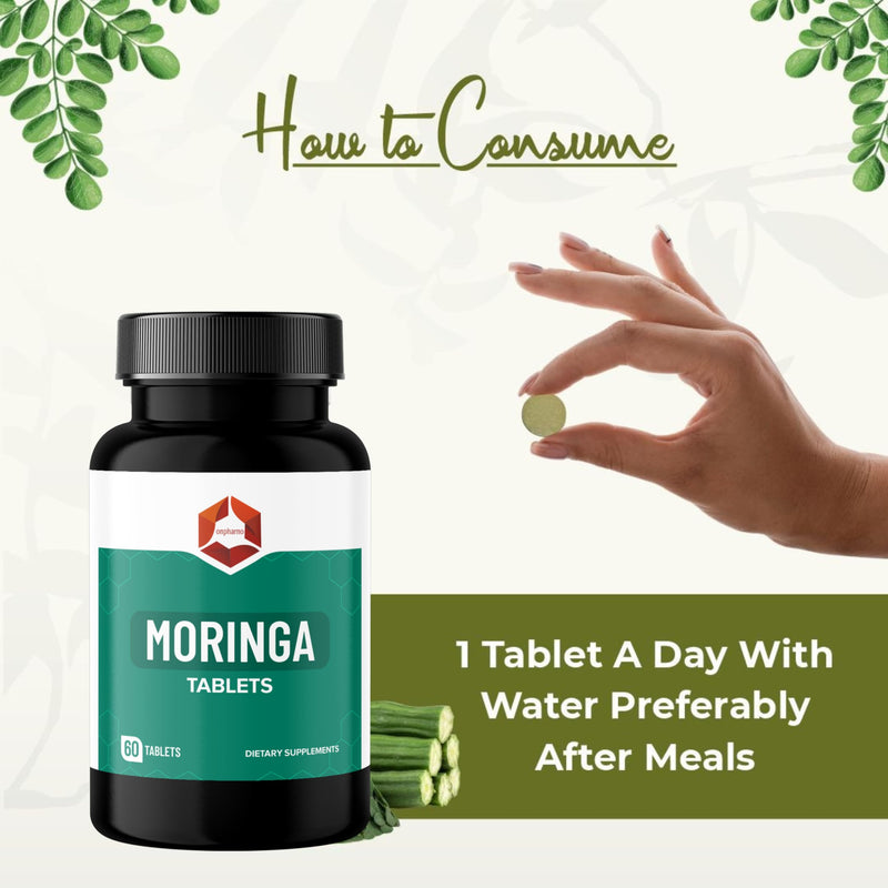 Moringa Tablets | 1000mg Organic Moringa Oleifera Leaf Powder | Natural Herbal Supplement | Vegan | Non-GMO | 60 Tablets