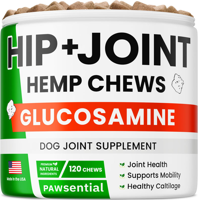 Hemp Treats - Dog Joint Supplement - Mobility Support Chews w/Glucosamine Chondroitin, Turmeric, MSM - Hip & Joint Chews - Joint Pain Relief Treats - 120Ct 120 Count Hemp Hip & Joint