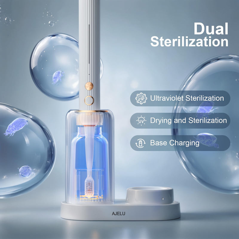 AJELU Electric Toothbrush Set with Drying & Sanitizing Holder, 8 Replacement Brush Heads, Transparent Rinse Cup, Smart Timer, USB Rechargeable for Adults White - BeesActive Australia