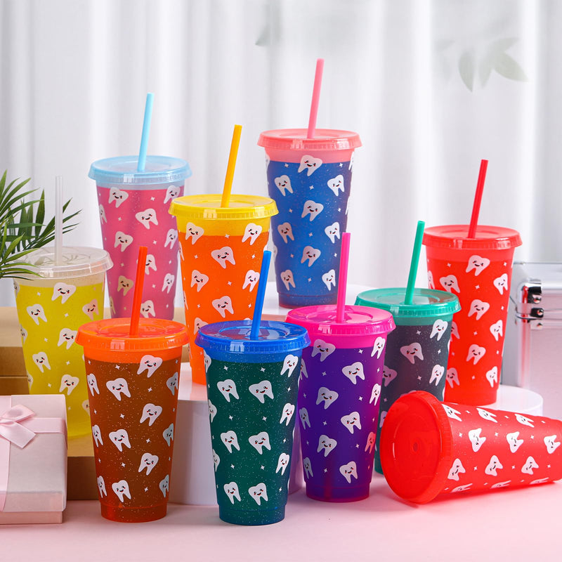 Reallnaive 20 Pcs Dental Teeth Plastic Tumblers with Straw and Lids Bulk