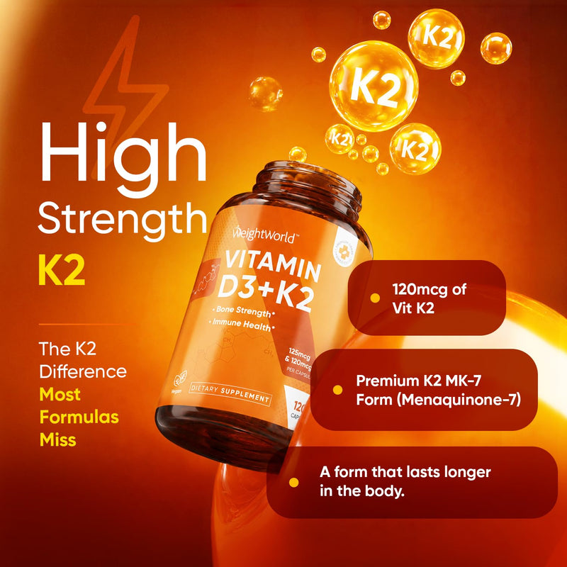 WeightWorld Vitamin D3 K2 5000IU Capsules for Bone Strength, Teeth, Immune Health & Maximum Calcium Absorption - 120 Ct - K2 D3 Vitamin Supplements - Vegan D3 and K2 Supplements, Non-GMO, Gluten-Free Vitamin D3K2 5000IU capsules