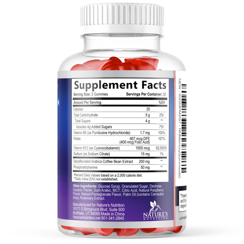 Brain Supplements For Memory & Focus Gummies - Natural Nootropics Support for Concentration Alertness & Clarity Support - 3X Strength Brain Health Vitamins with B6 B12, Phosphatidylserine - 60 Gummies 60 Count (Pack of 1)