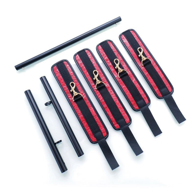 Heavy Duty Stainless Steel Expandable Spreader Bar with 4pcs Furry Purple Detachable Adjustable Straps,Workout Bar for Home Indoor Gym Training Kit Black+PU Red Embossed Kit