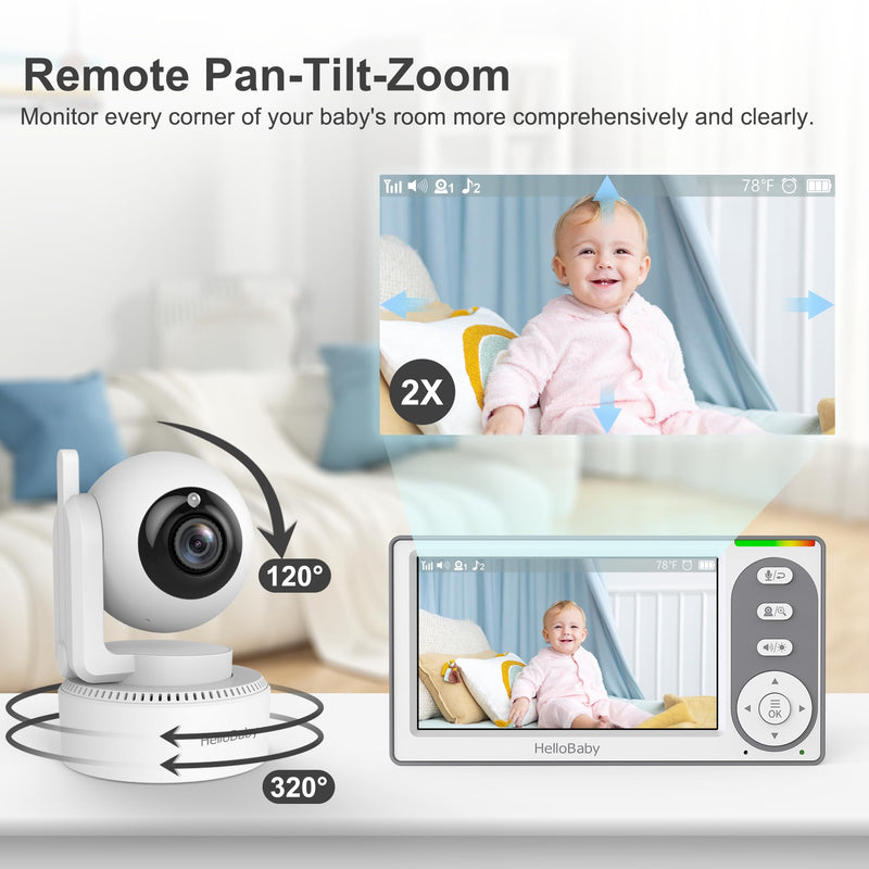 HelloBaby 4.3'' Video Baby Monitor with 30 Hours Battery, Remote Pan-Tilt-Zoom Baby Monitor No WiFi, Baby Monitor with Camera and Audio, Night Vision, ECO Mode, Two-way Talk, 8 Lullabies, 1000ft Range - BeesActive Australia