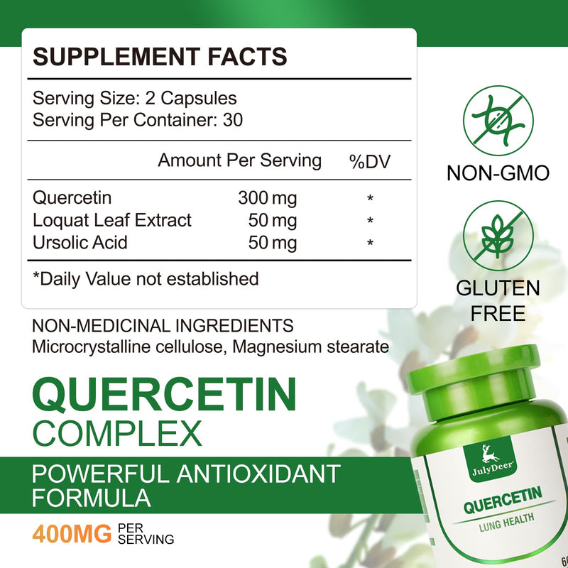 JulyDeer Quercetin 400 mg, Loquat Leaf Extract, Ursolic Acid 60 Capsules | Healthy Immune Support Supplements, High Bioavailable Flavonoids, Natural Antioxidant – Non-GMO, No Gluten 1 Btl 60 Capsules